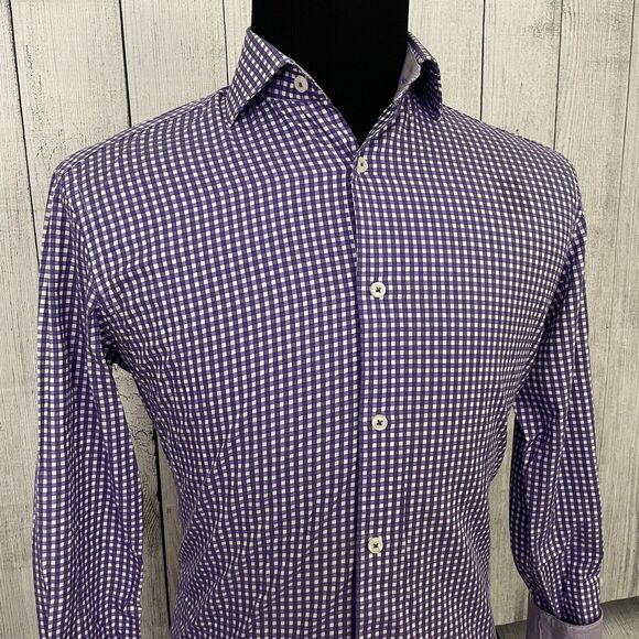 Bugatchi Uomo Men's Size 15 Purple & White Gingham Contrast Cuff Dress Shirt - Picture 3 of 8